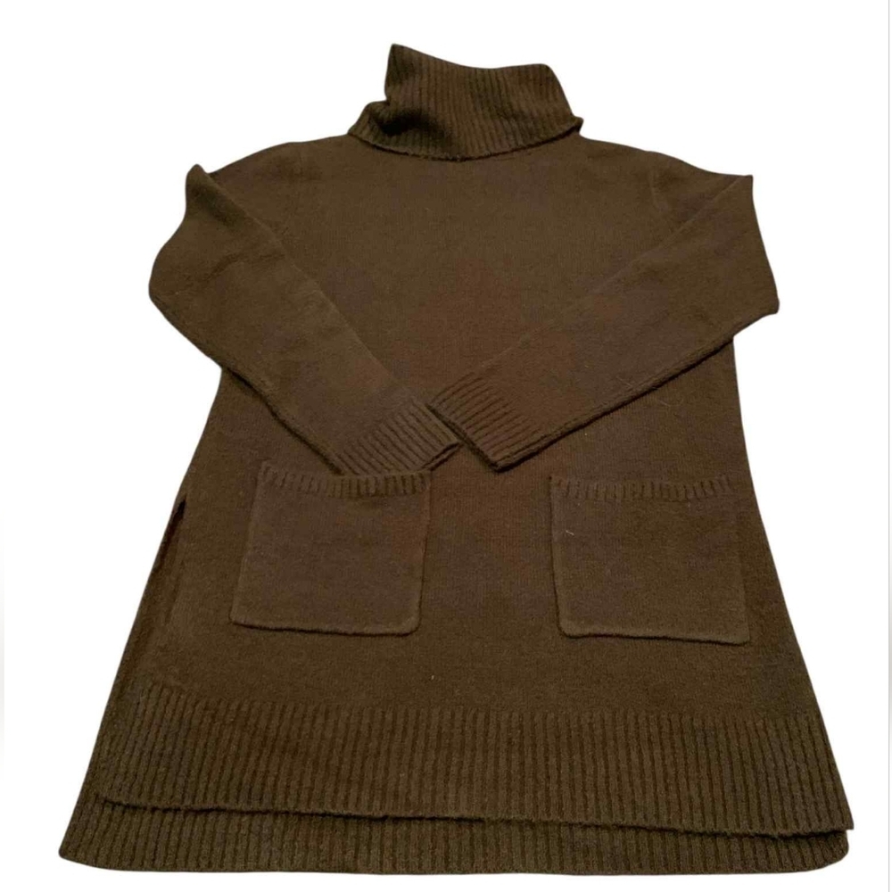 HYFVE Brown Turtleneck Sweater Tunic Dress Pockets Knit Hi-Low Slit S Cozycore